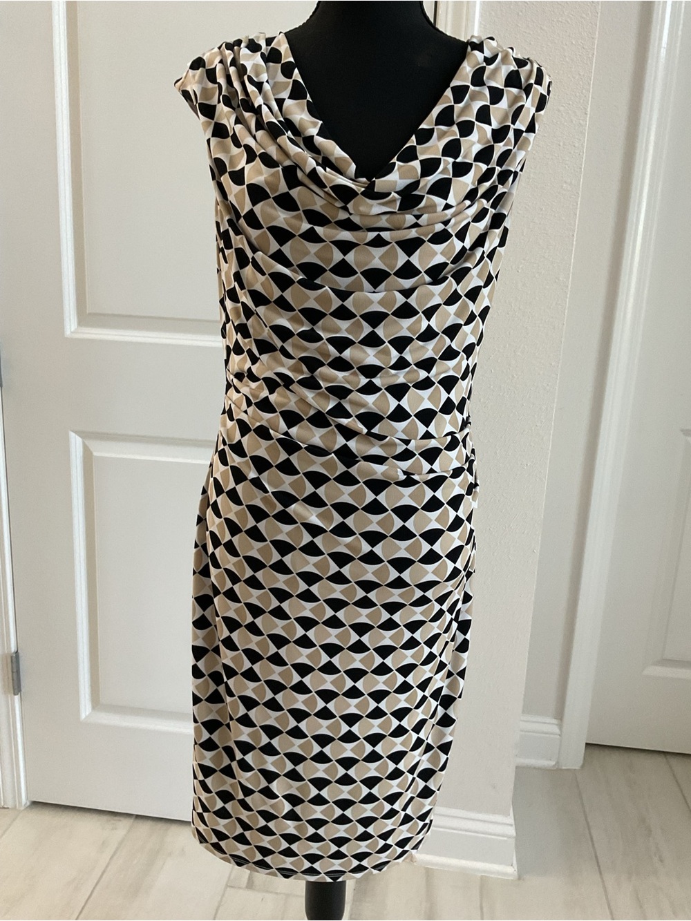White House Black Market Black & Cream Geometric Cowl Neck Midi Dress